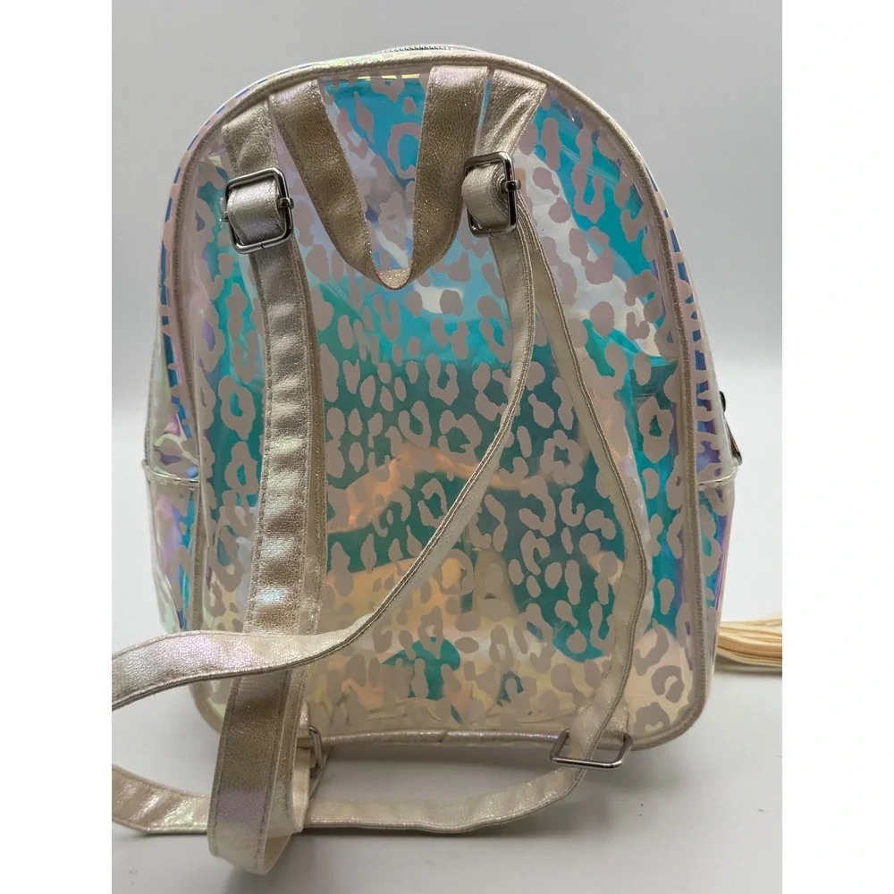 Justice Girls Iridescent Holographic Leopard Mini Backpack Cat Ears Tassel Chain